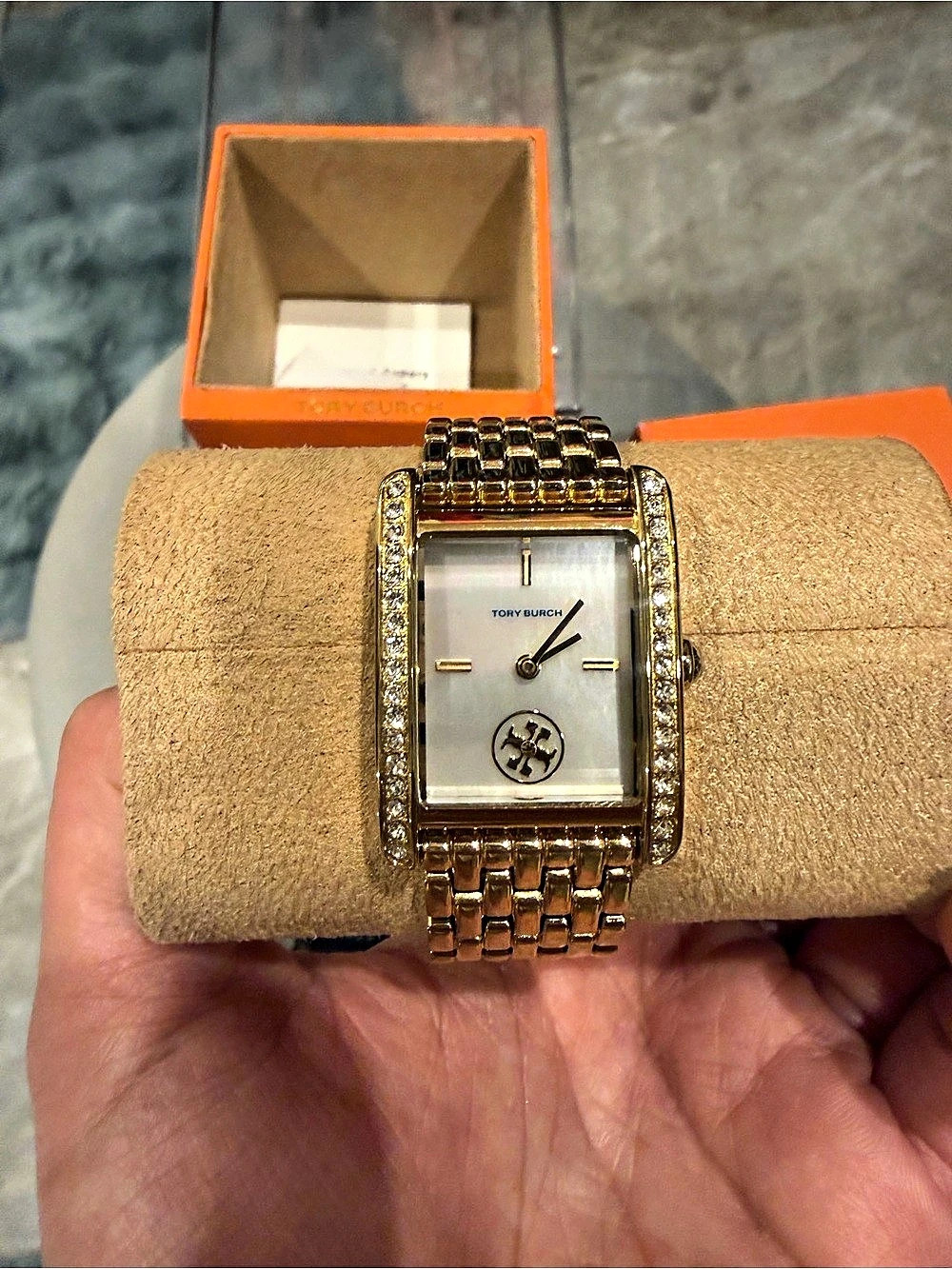 Tory Burch Eleanor Crystal-Bezel Watch Gold & White